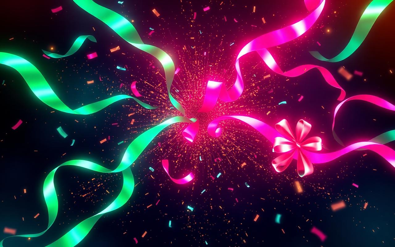 Confetti en linten in emerald en magenta neon